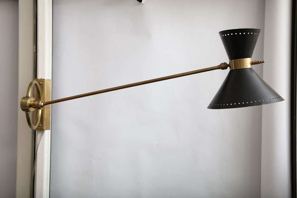 Wall Light Articulated Mid Century Modern arm and shade adjust brass and painted metal France 1950's
New socket and rewired