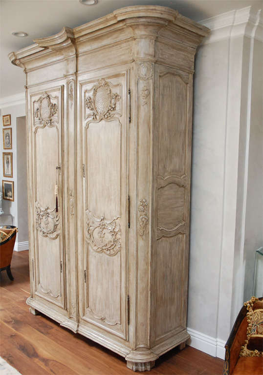 Finely carved Large 18th century French Armoire with beautiful Ash Gray painted finish (not original).