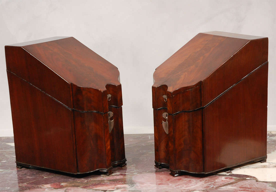 Pair of 18th century English Mahogany Knife Boxes with Sterling Silver hardware and original fitted interiors.