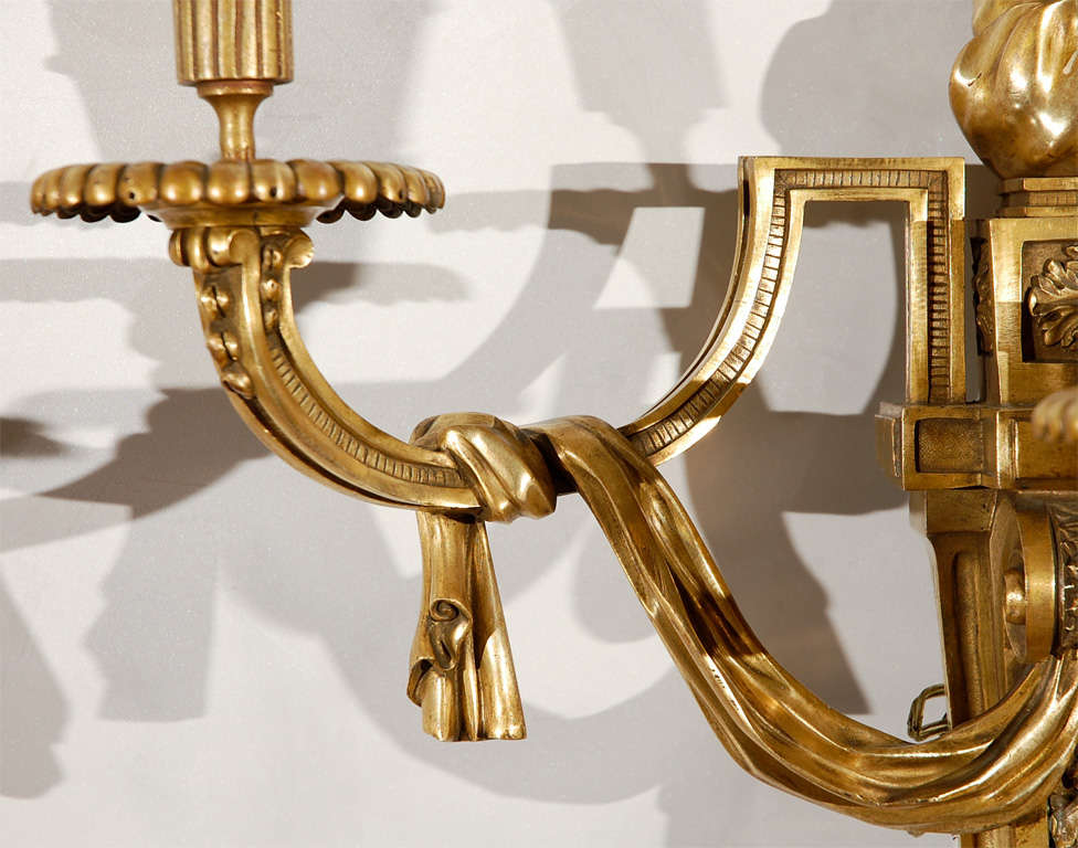 Gilt Pair of 1800s-1900s French Dore Bronze Sconces with Flame Motif