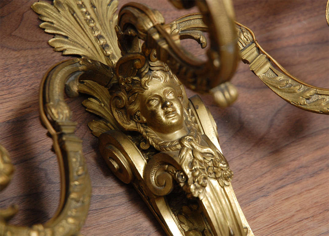 Gilt 19th Century French Dore Bronze Three-Arm Sconces For Sale