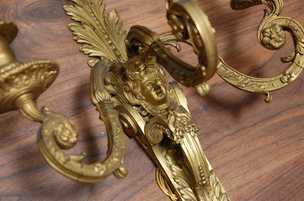 19th Century French Dore Bronze Three-Arm Sconces For Sale 3