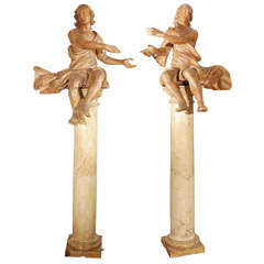 Pair of 17th c. Italian Figures on 19th c. Marble Pillars
