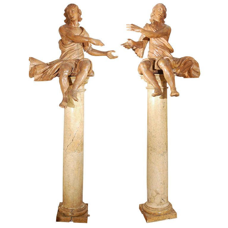 Pair of 17th c. Italian Figures on 19th c. Marble Pillars For Sale