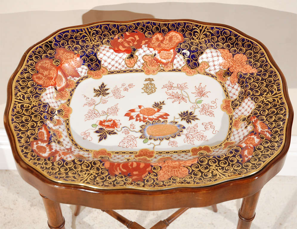 Vintage 1940's Tea Table with Bamboo Motif. The  Imari Royal Crown Derby Platter that is the Table Top is 19th c.  It is stamped England.