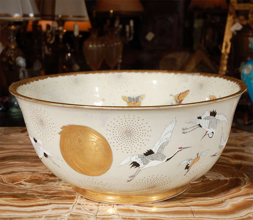 1900 - 1930's Very Fine Large Japanese Porcelain Center Bowl.  Gilded and Hand Painted. Signed by Satsuma.