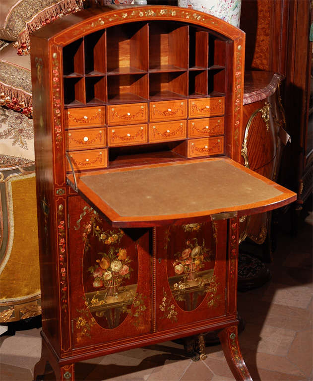 English (London) Writing Desk with Exquisite Satinwood and Hand Painted Detail. Desk Key included. Signed.