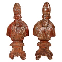 Vintage Pair of 18th Century Carved Wood Italian Popes