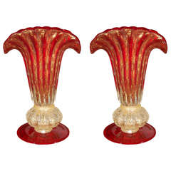 Pair of Vintage Red Murano Deco Lamps
