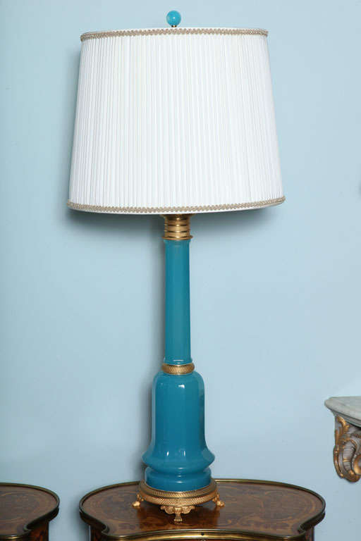 Pair of Turquoise Colored French Opaline Glass Lamps In Excellent Condition In Palm Beach, FL