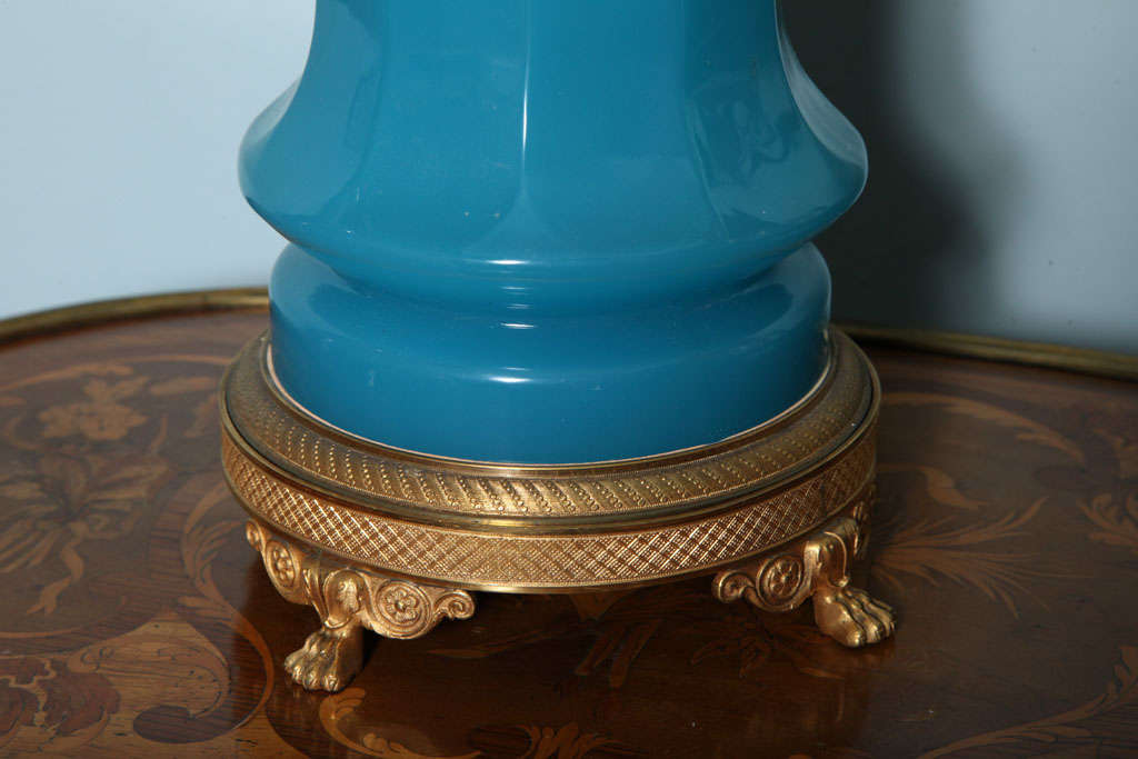 Pair of Turquoise Colored French Opaline Glass Lamps 1