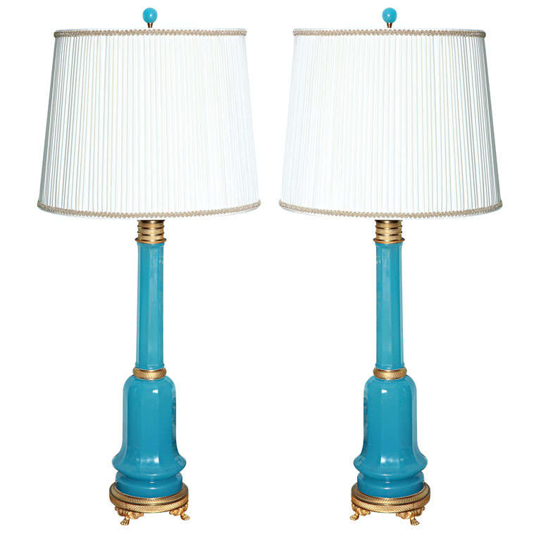 Pair of Turquoise Colored French Opaline Glass Lamps