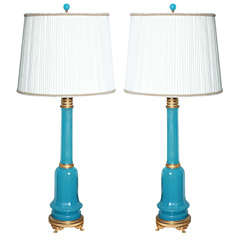 Pair of Turquoise Colored French Opaline Glass Lamps