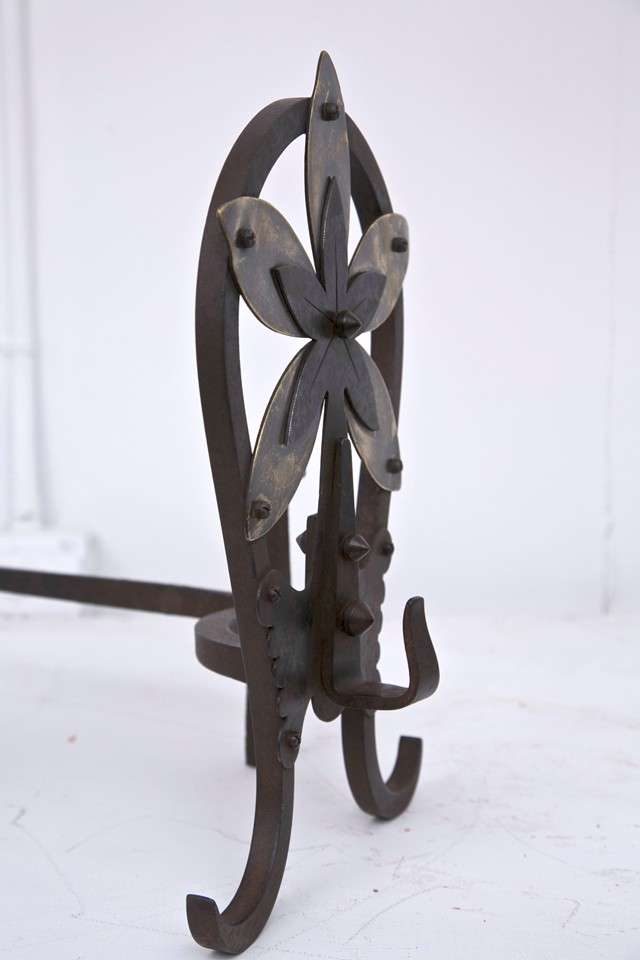 French Louis Majorelle Wrought Iron & Brass Andirons