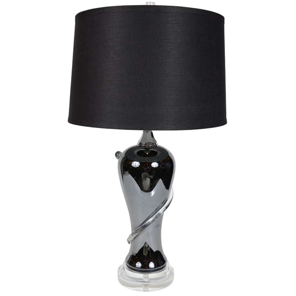 Modernist Hand Blown Black Glass Swirl Table Lamp For Sale