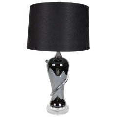 Modernist Hand Blown Black Glass Swirl Table Lamp