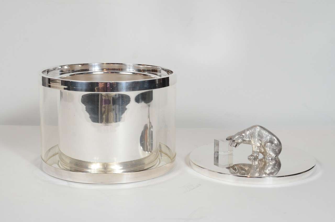 Lucite Figurative Polar Bear Silver Plate Mid-Century Modernist Ice / Wine Cooler