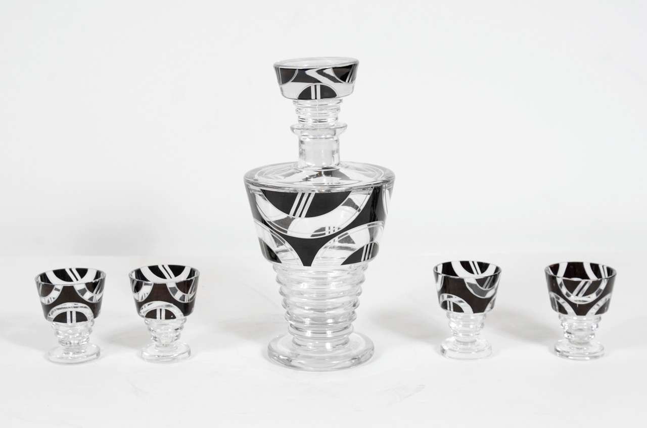 Art deco Czech-slovakian Decanter Set with Four Glasses