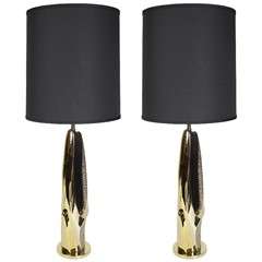 Sculptural Brutralist Brass Lamps 
Ebonized Walnut Detailing by Laurel Company