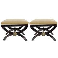 Pair of Modernist X Form Benches in Ebonized Walnut & Spode Gilt Detailing
