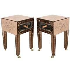 Pair of Copper Venetian Mirrored End Tables with Brass Rests