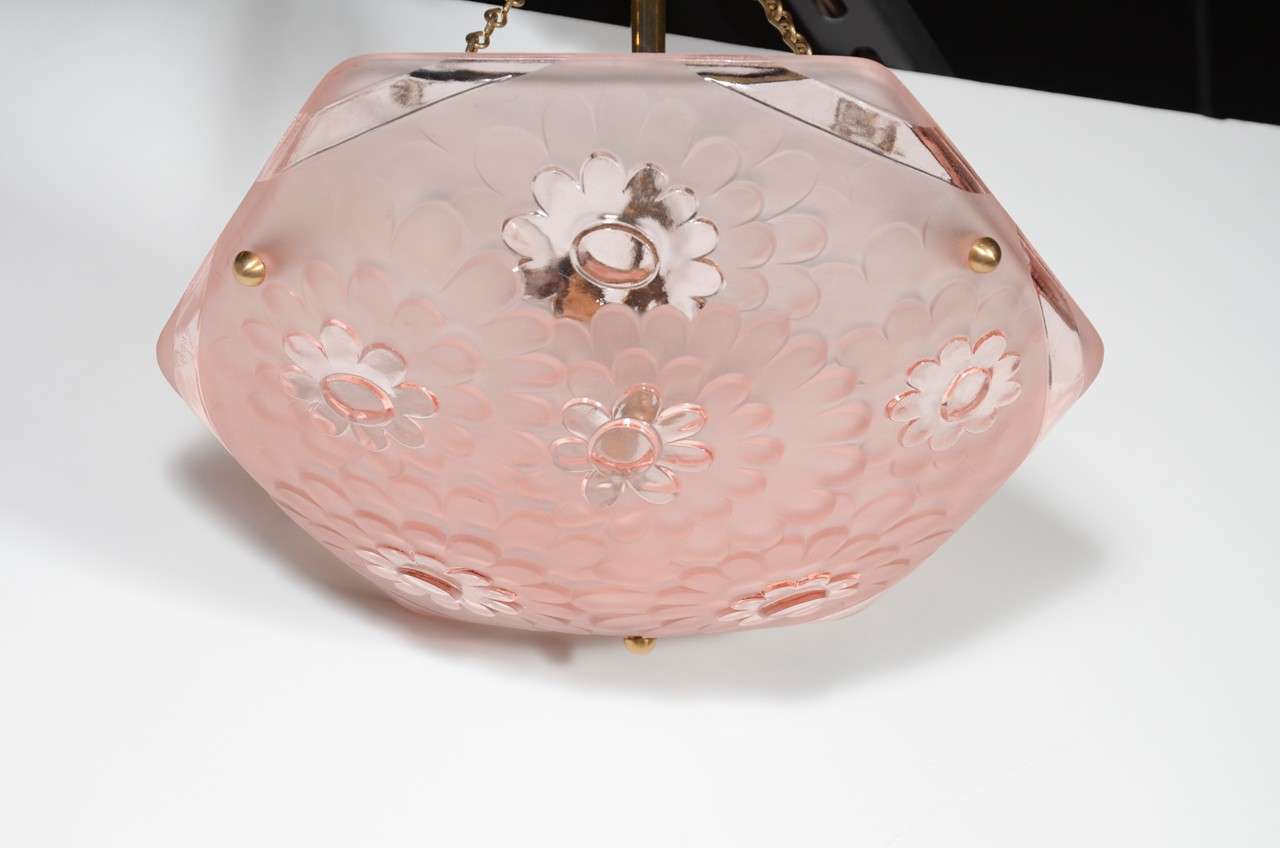 Rose Glass Art Deco Inverted Dome Chandelier by Degue In Excellent Condition In New York, NY