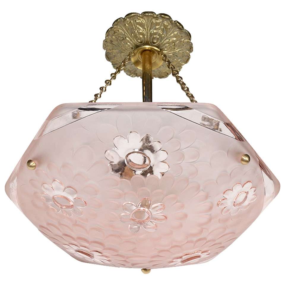 Rose Glass Art Deco Inverted Dome Chandelier by Degue