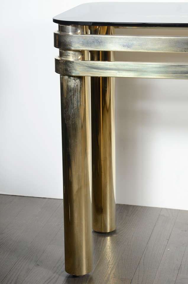 Mid-Century Modern Mid Century Modern Banded Brass Console with Smoked Glass Top