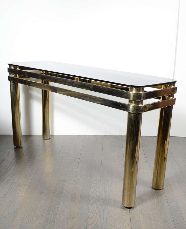 American Mid Century Modern Banded Brass Console with Smoked Glass Top