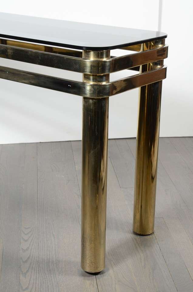 Mid Century Modern Banded Brass Console with Smoked Glass Top In Excellent Condition In New York, NY