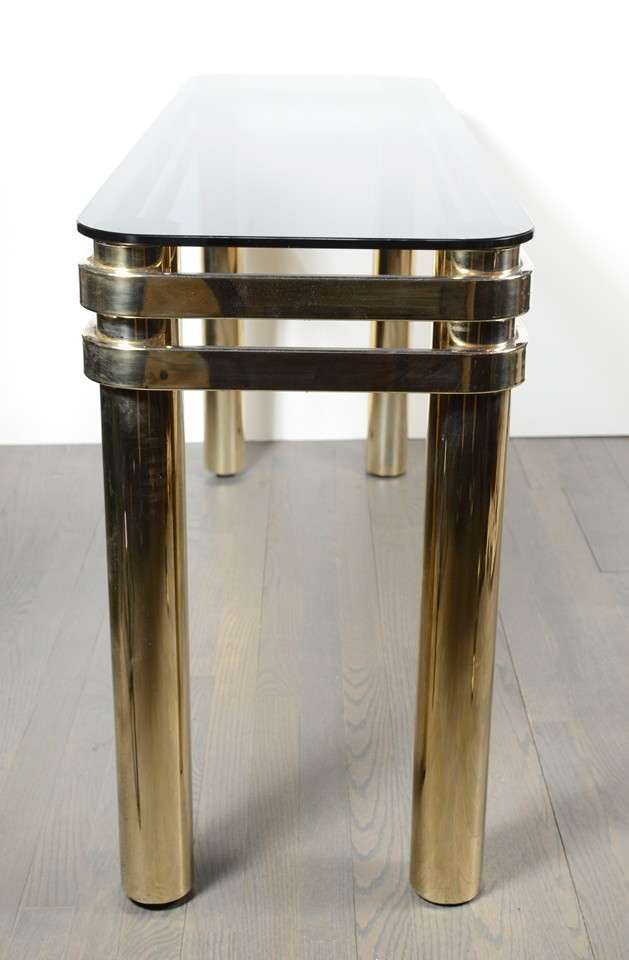 Late 20th Century Mid Century Modern Banded Brass Console with Smoked Glass Top