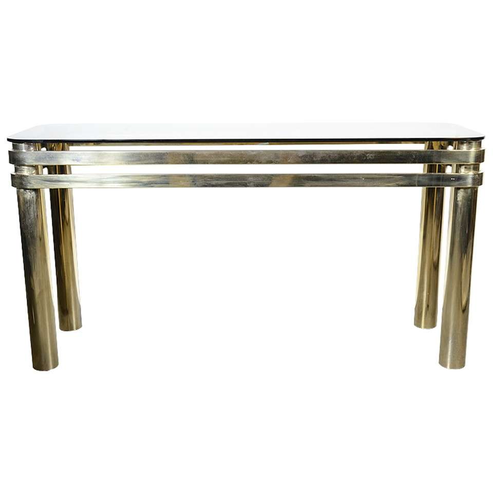 Mid Century Modern Banded Brass Console with Smoked Glass Top