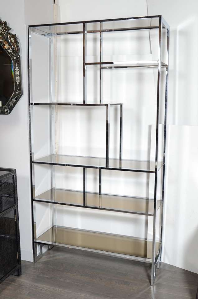 Mid-Century Modern Modernist Chromed Etagere With Bronze Mirror & Smoked Glass by Milo Baughman