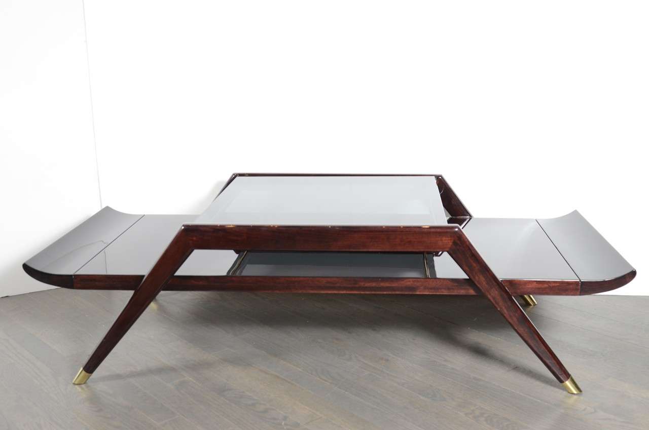 Pagoda Style Cocktail Table, Cuban Mahogany splayed legs with Sabots Brass Accents and Smoked Glass.