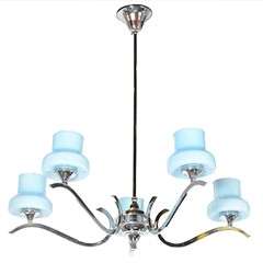 Art Deco Scrolled Five-Arm Pale Blue Globe Chandelier.