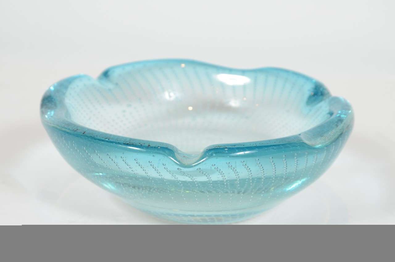 Modernist Teal Murano Glass Bowl/Ashtray with Murines