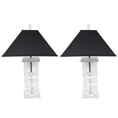 Pair of Modernist Architectural Lamps in Lucite with Chrome Fittings