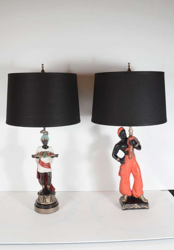 Pair of 1940's Vibrant Hand Painted Blackamoor Lamps For Sale at 1stdibs