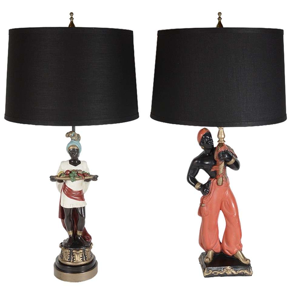 Pair of 1940's Vibrant Hand Painted Blackamoor Lamps For Sale at 1stdibs