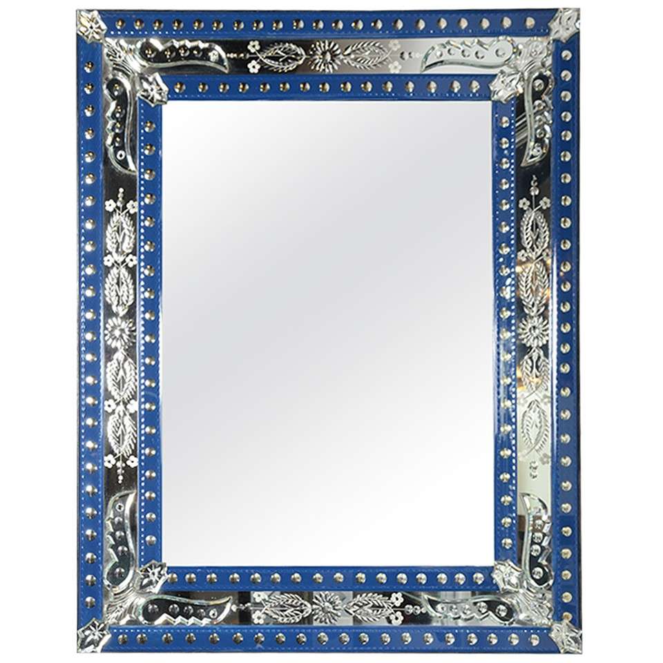 Outstanding Rectangular Mirror with Inset Blue Glass Trim at