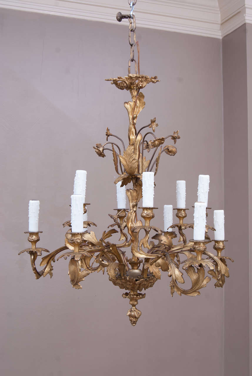 This 12-light gilt bronze Rococo style fixture was created in hand-cast gilt bronze. Originally a candle fixture, it was first electrified around World War I. The foliate detail is very fine, and all of the ornament is intact. Chain, ceiling cap and