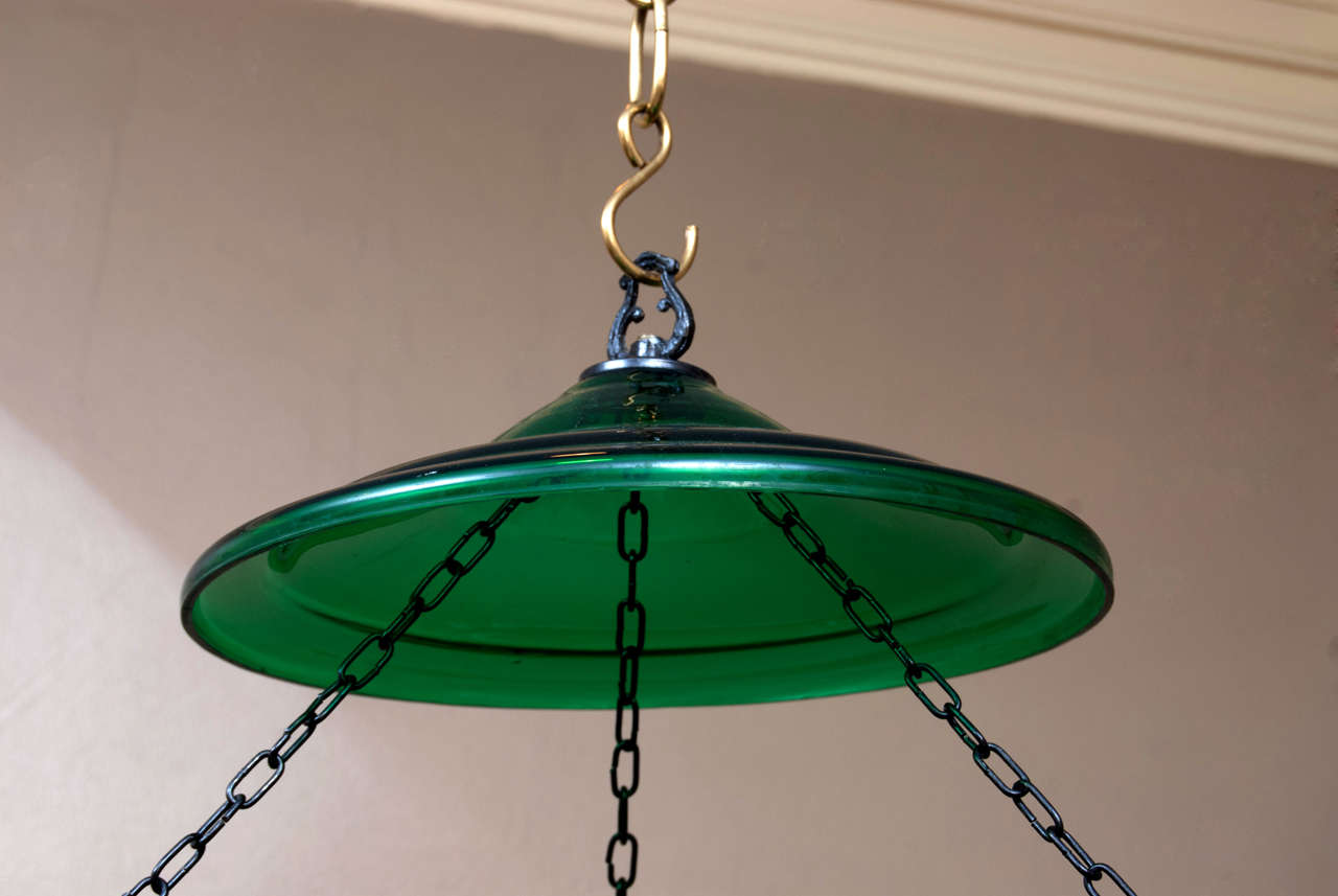 Green Glass Hall Lantern In Excellent Condition In Alexandria, VA
