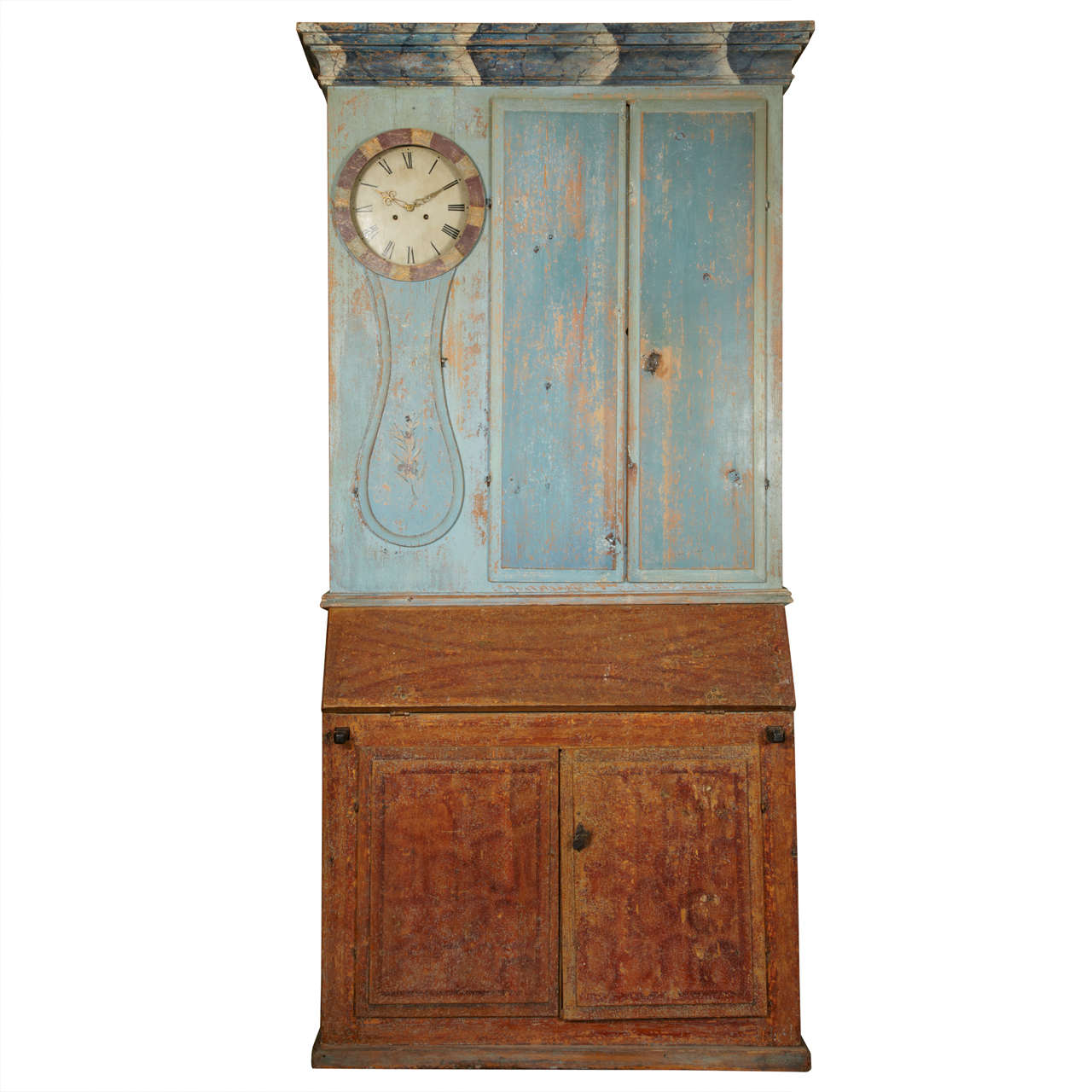 18th C. Regional Swedish Tall Cupboard With Side Clock