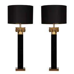 Pair Of Table Lamps With Carved Wood Capital