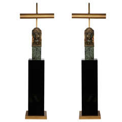 Pair Of Lamps With Neo-classical Green False Marble Carved Heads