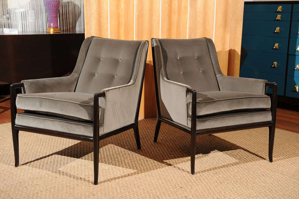 Sophisticated design armchairs designed by T.H. Robsjohn-Gibbings for Widdicomb Furn. Co. refinished expresso mahogany with Maharam pewter velvet.