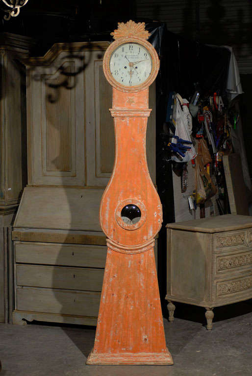 19th Century Swedish Orange Painted Floor Clock, Commonly Called Mora Clock