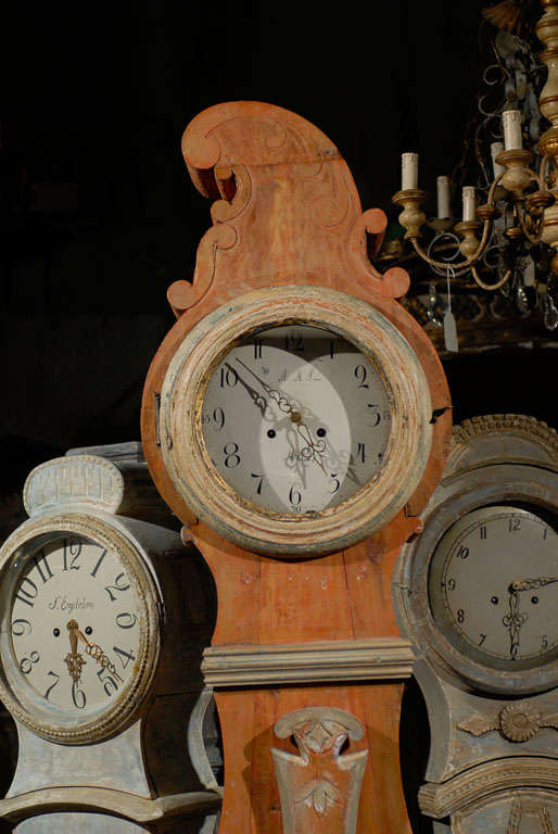 A 19th Century Swedish Wood Floor Clock, Original Orange Paint and Unusual Crest In Good Condition In Atlanta, GA