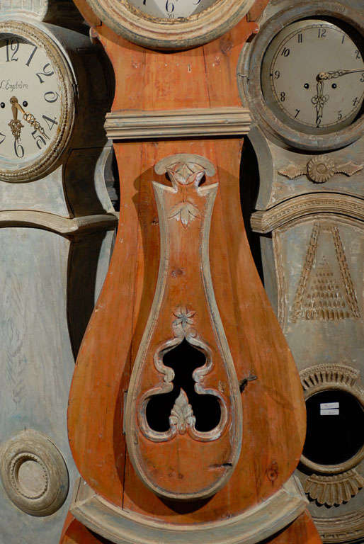 A 19th Century Swedish Wood Floor Clock, Original Orange Paint and Unusual Crest 1