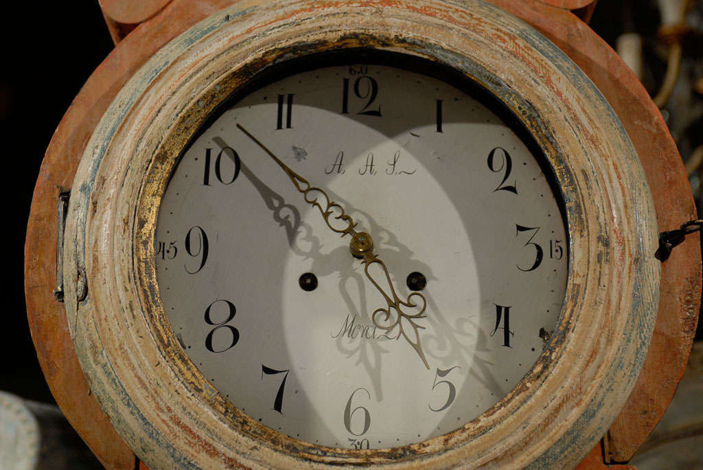 A 19th Century Swedish Wood Floor Clock, Original Orange Paint and Unusual Crest 3